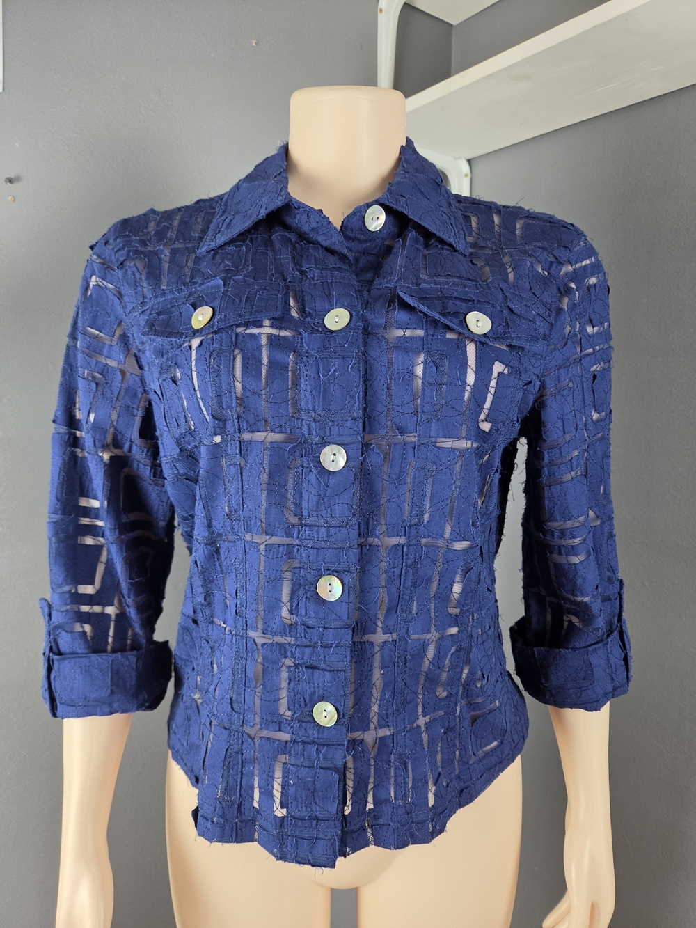 Ruby Rd. Navy Sheer Textured Button-Front Jacket